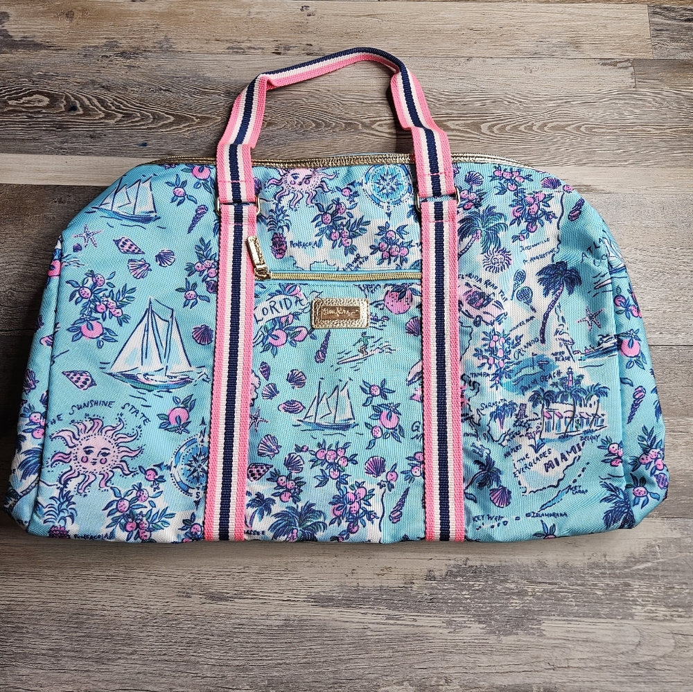 Lilly Pulitzer Amalfi Blue Lilly's Roadtrip Florida Print Tote Bag NWOT